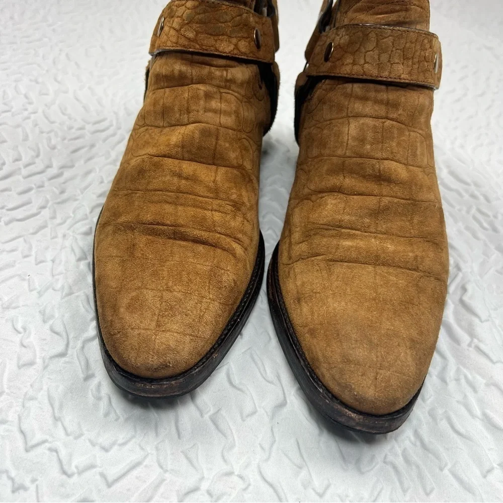 Saint Laurent Men's Wyatt Croc Embossed Harness Boots